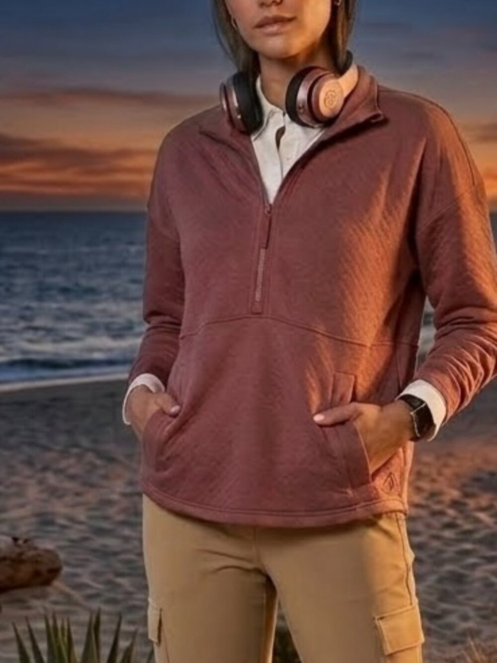 Eddie Bauer Quilted 1/4 Zip Pullover Mock Neck Kangaroo Pocket Size M